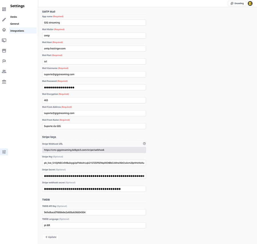 CMS settings with integrations